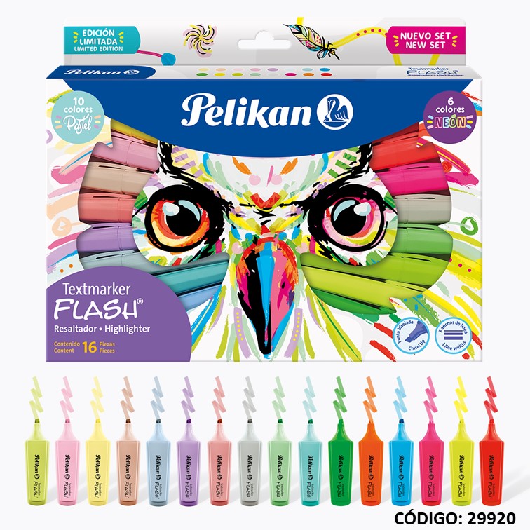 SET RESALTADOR PELIKAN BUHO X16 COLORES PASTEL FLUO (L29920)